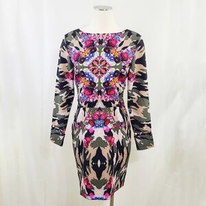 Nicole Miller Artelier floral camo sheath dress cut outs size 10